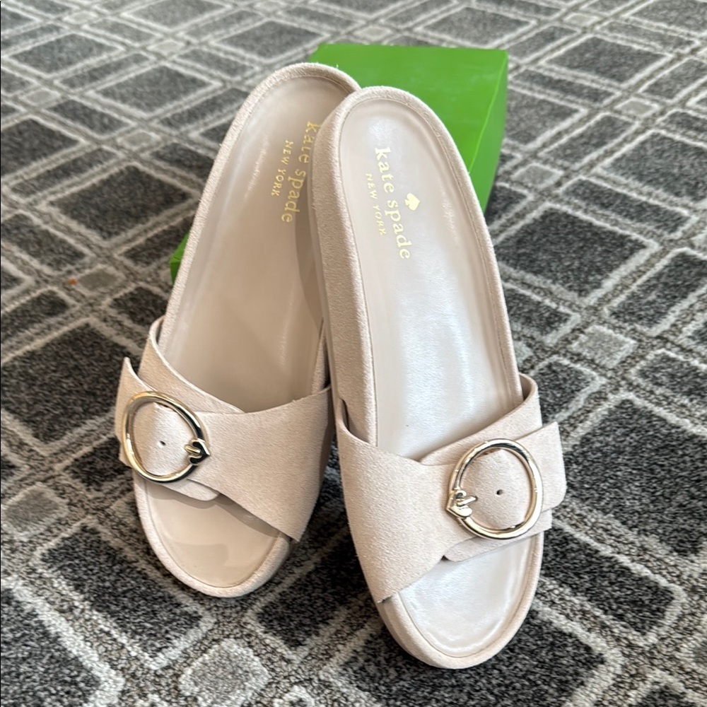 Kate Spade Cream Mules with Gold Buckle worn once comes with box